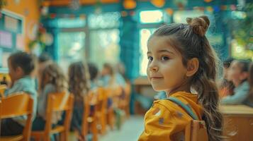 Schoolchild receiving instruction and socializing, education concept, editorial advertising photography, lively and interactive classroom setting, empty copy space for text on side photo