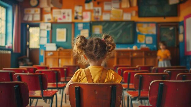 Editorial advertising photography of a schoolchild returning home, education theme, bright and cheerful setting, empty copy space for text on side photo