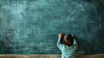 a student studying a curriculum, writing on a chalkboard, in a bright and interactive educational environment, perfect for editorial advertising, with empty copy space on the side photo