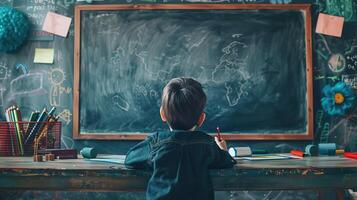 a student engaging with a curriculum in front of a chalkboard photo