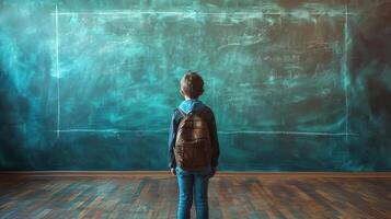 Student engaged with curriculum in front of a chalkboard photo
