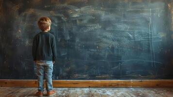 Student engaged with curriculum in front of a chalkboard photo