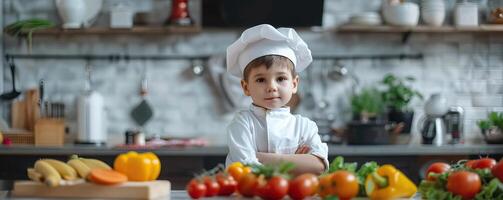 a child learning a culinary lesson in the background of a modern kitchen, editorial advertising photography, copy space for text on the side photo