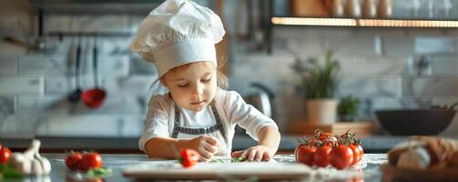 a child learning a culinary lesson in the background of a modern kitchen, editorial advertising photography, copy space for text on the side photo
