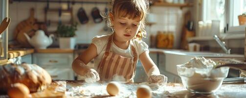 A kid engaged in an educational baking activity, editorial advertising photography, joyful and bright kitchen setting, empty copy space for text on side photo