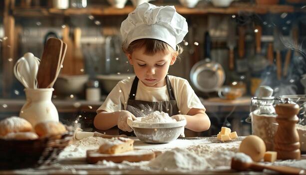 a kid learning to bake, surrounded by baking ingredients and tools, in an educational setting, editorial advertising photography, with empty copy space for text on the side photo