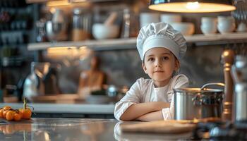 Editorial advertising photography of a kid in a cuisine workshop, educational theme, dynamic and modern kitchen, empty copy space for text on side photo