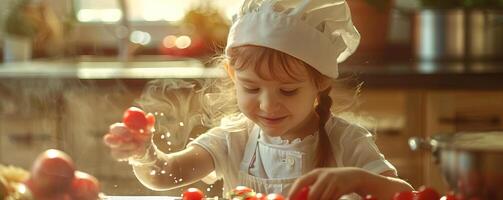 Child involved in a cuisine workshop, learning about cooking, editorial advertising photography, bright and engaging environment, empty copy space for text on side photo