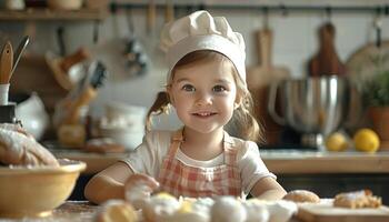 Child learning to bake, educational concept, editorial advertising photography, vibrant and inviting kitchen environment, empty copy space for text on side photo