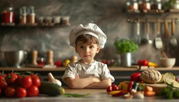 A kid participating in a cuisine workshop, educational concept, editorial advertising photography, vibrant and interactive kitchen setting, empty copy space for text on side photo