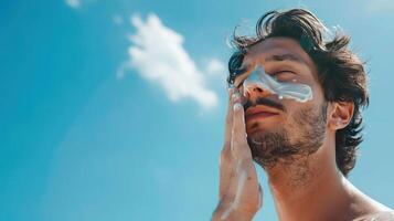 make a man taking care of his face using sun screen hd quality, natural look photo