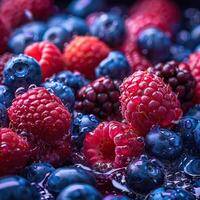A close-up of fresh berries, including raspberries, blueberries, and blackberries, covered in glistening water droplets for a vibrant and juicy look. photo