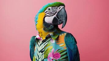 Portrait photography of a cute little animal athlete, smiling cute little parrot in a rhythmic gymnastics outfit with a ribbon on pastel Pale Blue color background, editorial style photo