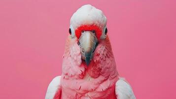 Portrait photography of a cute little animal athlete, smiling cute little parrot in a rhythmic gymnastics outfit with a ribbon on pastel Pale Blue color background, editorial style photo