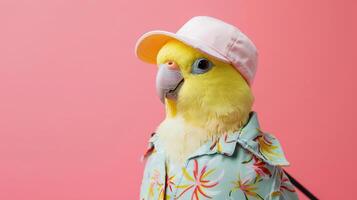 Portrait photography of a cute little animal athlete, smiling cute little parrot in a rhythmic gymnastics outfit with a ribbon on pastel Pale Blue color background, editorial style photo