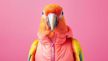 Portrait photography of a cute little animal athlete, smiling cute little parrot in a rhythmic gymnastics outfit with a ribbon on pastel Pale Blue color background, editorial style photo