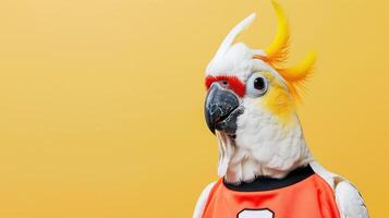 Portrait photography of a cute little animal athlete, smiling cute little parrot in a rhythmic gymnastics outfit with a ribbon on pastel Pale Blue color background, editorial style photo