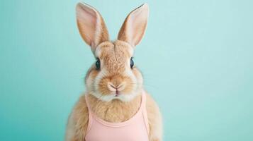Portrait photography of a cute little animal athlete, smiling cute little parrot in a rhythmic gymnastics outfit with a ribbon on pastel Pale Blue color background, editorial style photo