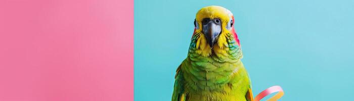 Portrait photography of a cute little animal athlete, smiling cute little parrot in a rhythmic gymnastics outfit with a ribbon on pastel Pale Blue color background, editorial style photo