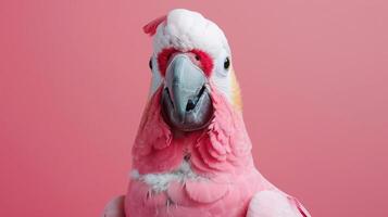 Portrait photography of a cute little animal athlete, smiling cute little parrot in a rhythmic gymnastics outfit with a ribbon on pastel Pale Blue color background, editorial style photo