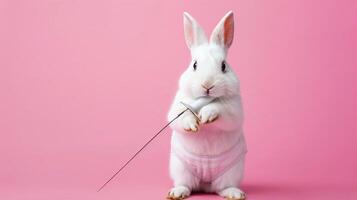 Portrait photography of a cute little animal athlete, smiling cute little parrot in a rhythmic gymnastics outfit with a ribbon on pastel Pale Blue color background, editorial style photo