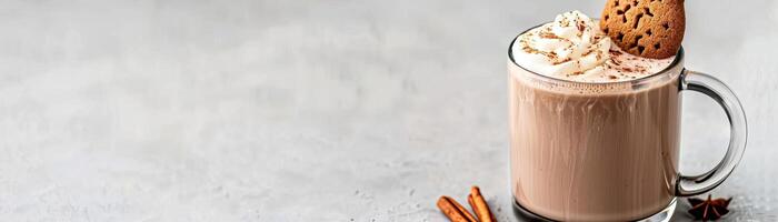 A close-up of a Gingerbread Hot Chocolate in a clear photo