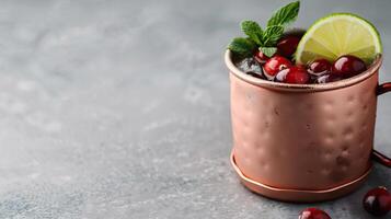 A close-up of a Mistletoe Mule in a polished copper mug photo