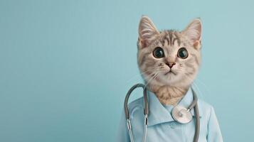 Portrait photography of a cute cat little professional, smiling cute cat little Nurse Practitioner with a stethoscope, , on plain pastel Pale Blue color background, editorial style photo