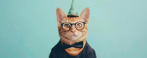 Portrait photography of a cute cat little professional, smiling cute cat little Nurse Practitioner with a stethoscope, , on plain pastel Pale Blue color background, editorial style photo