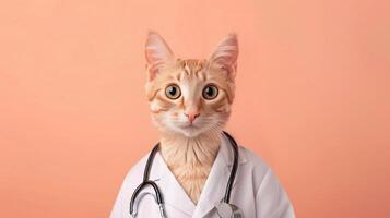 Portrait photography of a cute cat little professional, smiling cute cat little Nurse Practitioner with a stethoscope, , on plain pastel Pale Blue color background, editorial style photo