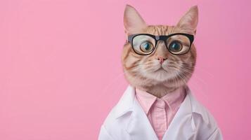 Portrait photography of a cute cat little professional, smiling cute cat little Nurse Practitioner with a stethoscope, , on plain pastel Pale Blue color background, editorial style photo