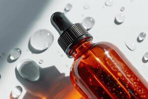 Closeup of a dropper bottle with plantbased serum. photo