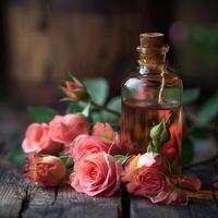 Closeup of a rose extract bottle with fresh roses. photo