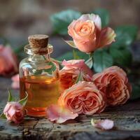 Closeup of a rose extract bottle with fresh roses. photo