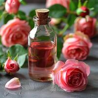 Closeup of a rose extract bottle with fresh roses. photo