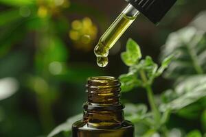 Closeup of a dropper bottle with plantbased serum. photo