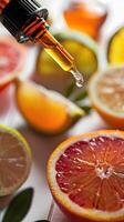 Closeup of a dropper bottle with citrus extract. photo