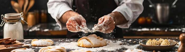 Baker using different extracts in pastry recipes. photo