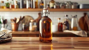 Closeup of a vanilla extract bottle in a kitchen. photo