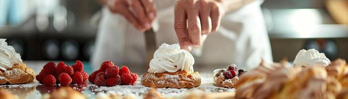 Baker using different extracts in pastry recipes. photo
