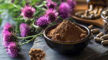 Closeup of milk thistle extract for liver health. photo