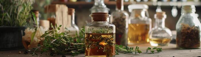 Closeup of various herbs being infused in alcohol. photo
