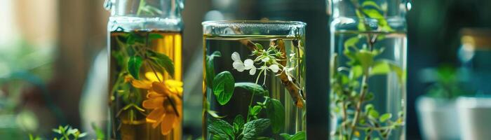 Closeup of various herbs being infused in alcohol. photo