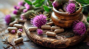 Closeup of milk thistle extract for liver health. photo