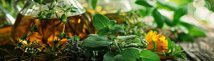Closeup of various herbs being infused in alcohol. photo