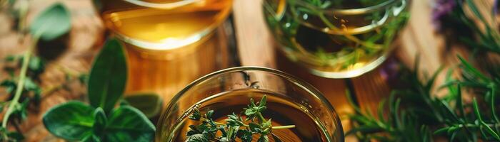 Closeup of various herbs being infused in alcohol. photo