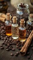 Coffee extracts displayed with coffee beans. photo