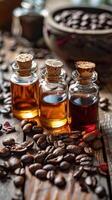 Coffee extracts displayed with coffee beans. photo