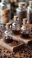 Coffee extracts displayed with coffee beans. photo