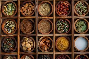 Collection of culinary extracts in a spice rack. photo